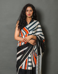 Black & Orange Strip Print Cotton Saree with Blouse Piece