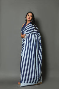 Blue Solid & Strip Print Cotton Saree with Blouse Piece