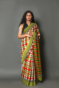 Green & Red Geometric Print Cotton Saree with Blouse Piece