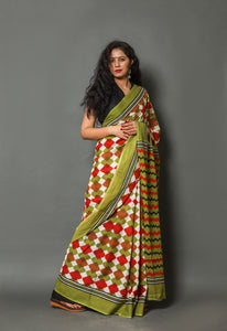 Green & Red Geometric Print Cotton Saree with Blouse Piece