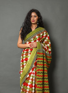 Green & Red Geometric Print Cotton Saree with Blouse Piece