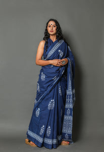 Blue Butta & Border Block Print Cotton Saree with Blouse Piece