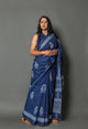 Blue Butta & Border Block Print Cotton Saree with Blouse Piece
