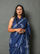 Blue Butta & Border Block Print Cotton Saree with Blouse Piece