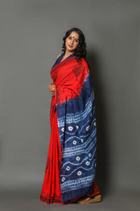 Red Block Butta Print Mul Cotton Saree with Blouse Piece