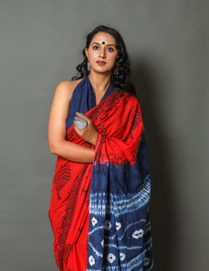 Red Block Butta Print Mul Cotton Saree with Blouse Piece