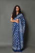Indigo Bird Pair Block Print Cotton Saree with Blouse Piece