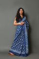 Indigo Bird Pair Block Print Cotton Saree with Blouse Piece