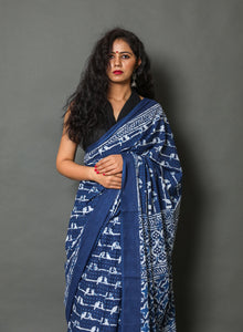 Indigo Bird Pair Block Print Cotton Saree with Blouse Piece