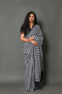 Black Tringle Print Cotton Saree with unstitched Blouse