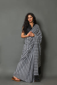 Black Tringle Print Cotton Saree with unstitched Blouse
