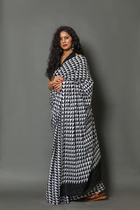 Black Tringle Print Cotton Saree with unstitched Blouse