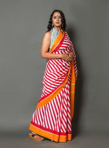 Pink Strip Printed Cotton Saree with Blouse Piece