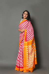 Pink Strip Printed Cotton Saree with Blouse Piece