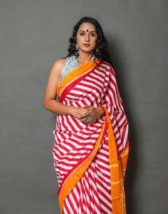 Pink Strip Printed Cotton Saree with Blouse Piece