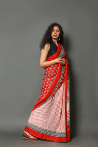 Red Polka Dot and Butti Block Print Cotton Saree with Blouse Piece