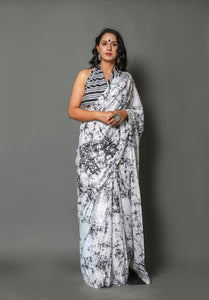 Black & White Batik Print Cotton Saree with Blouse Piece