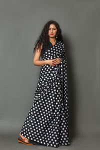 Black Polka Dot Block Print Cotton Saree with Blouse Piece