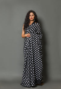 Black Polka Dot Block Print Cotton Saree with Blouse Piece