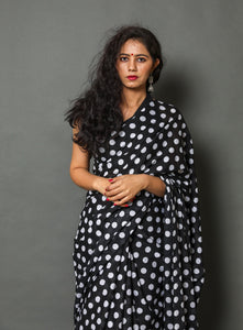 Black Polka Dot Block Print Cotton Saree with Blouse Piece