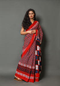 Red & Blue Checks Printed Cotton Saree with Blouse Piece