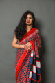 Red & Blue Checks Printed Cotton Saree with Blouse Piece