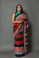 Red & Black Block Printed Cotton Saree with Unstitched Blouse