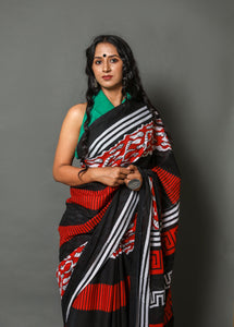 Red & Black Block Printed Cotton Saree with Unstitched Blouse