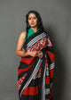 Red & Black Block Printed Cotton Saree with Unstitched Blouse