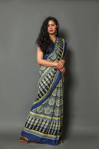 Blue & Yellow Block Print Cotton Saree with Blouse Piece