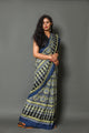 Blue & Yellow Block Print Cotton Saree with Blouse Piece