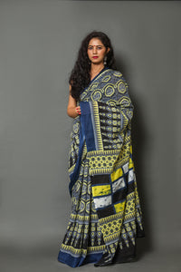 Blue & Yellow Block Print Cotton Saree with Blouse Piece
