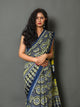 Blue & Yellow Block Print Cotton Saree with Blouse Piece
