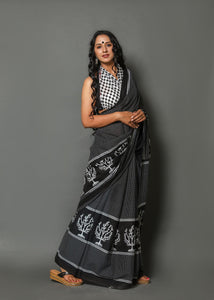 Black Block Printed Cotton Sari with Blouse Piece