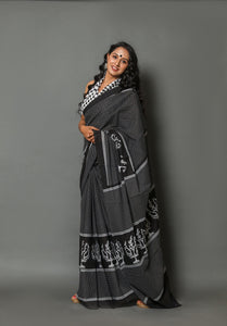 Black Block Printed Cotton Sari with Blouse Piece