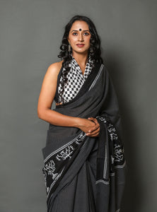 Black Block Printed Cotton Sari with Blouse Piece