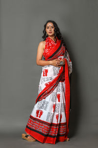 White & Red Mantra Printed Cotton Saree with Blouse Piece