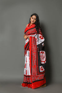 White & Red Mantra Printed Cotton Saree with Blouse Piece