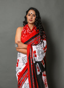 White & Red Mantra Printed Cotton Saree with Blouse Piece