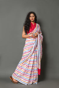 Multicolor Strip Printed Cotton Saree with Blouse