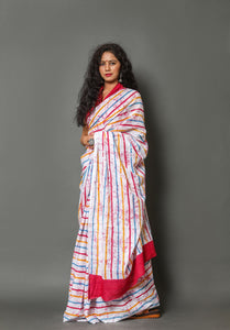 Multicolor Strip Printed Cotton Saree with Blouse