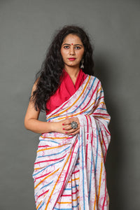 Multicolor Strip Printed Cotton Saree with Blouse