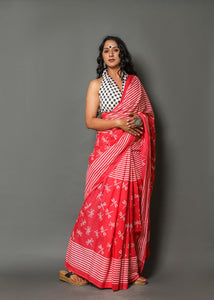 Pink Dragon Fly Block Print Cotton Saree with Blouse Piece