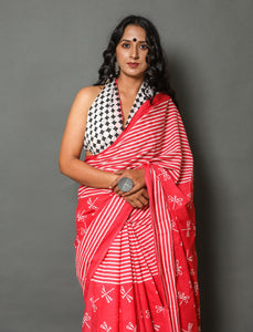 Pink Dragon Fly Block Print Cotton Saree with Blouse Piece