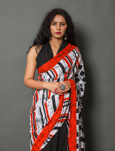 Black solid, Stripes, Box Printed Cotton Saree with Blouse Piece