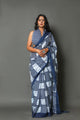 Blue & White Box Block Printed Cotton Sari with Blouse