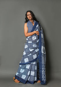 Blue & White Box Block Printed Cotton Sari with Blouse