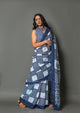 Blue & White Box Block Printed Cotton Sari with Blouse