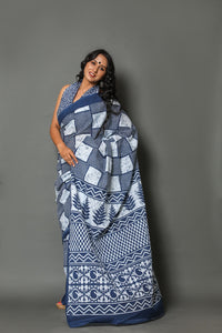 Blue & White Box Block Printed Cotton Sari with Blouse