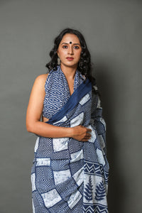 Blue & White Box Block Printed Cotton Sari with Blouse